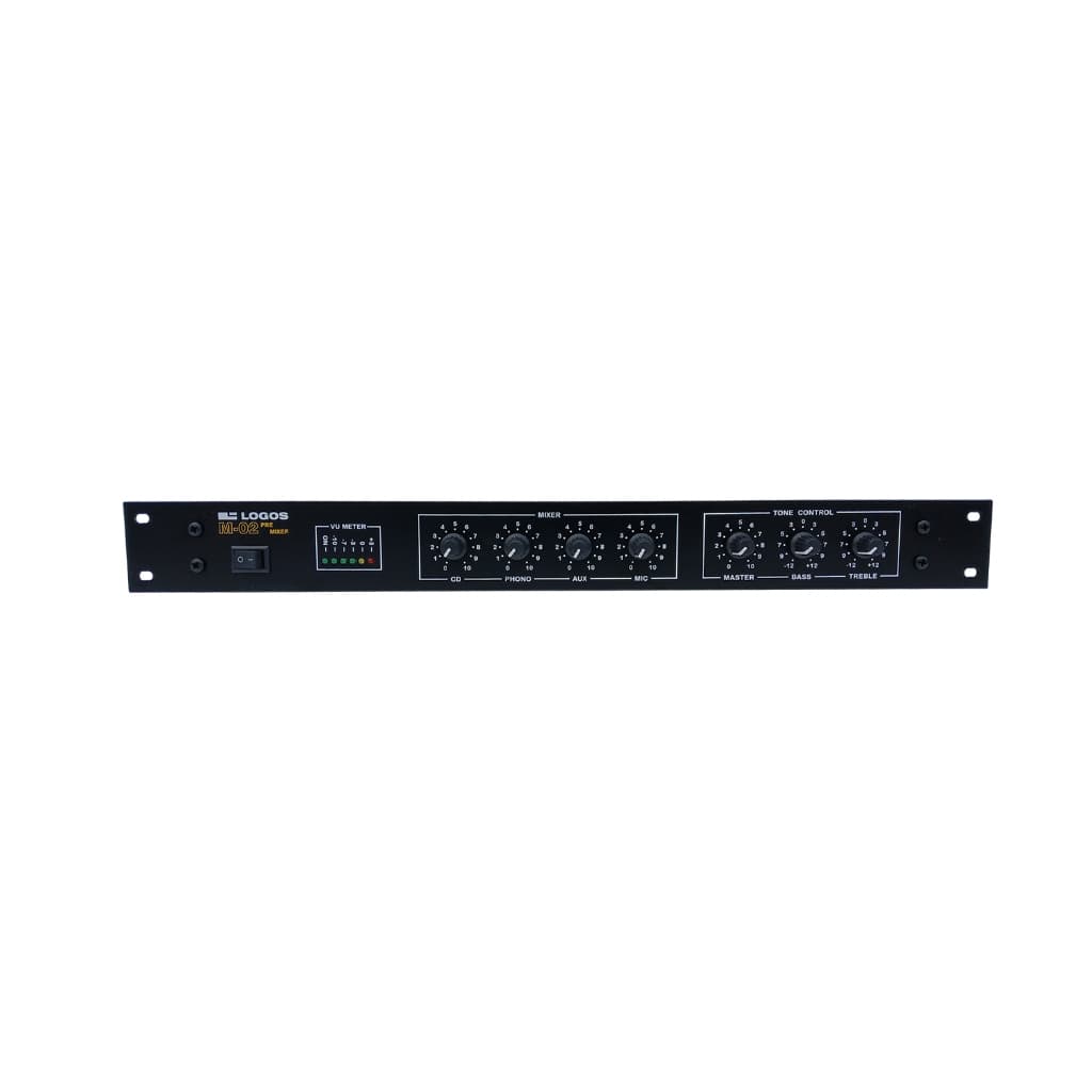 Pré-amplificador profissional com controles de volume e equalização, painel frontal em preto com fundo branco.