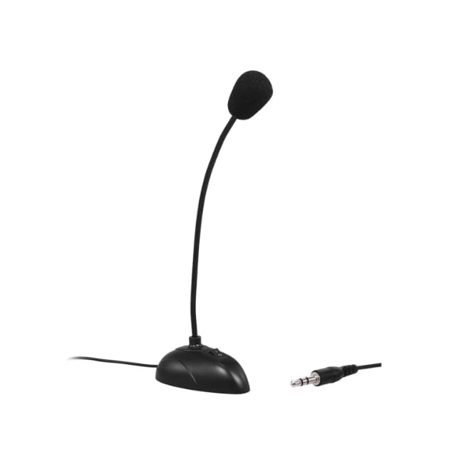 Microfone de mesa preto com cabo e conector de 3,5 mm