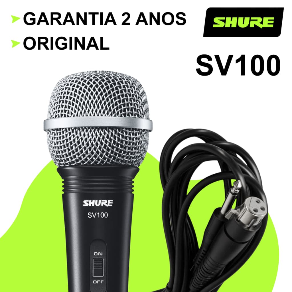 Microfone Shure SV100 com fio dinâmico preto, fundo verde e branco