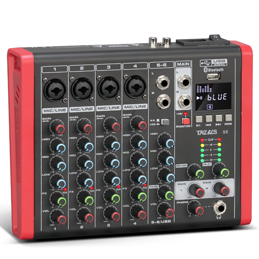 Mesa de Som 6 Canais Bluetooth USB Áudio Phantom 48V Karaokê Mixer Digital Evento TKLBLS S6