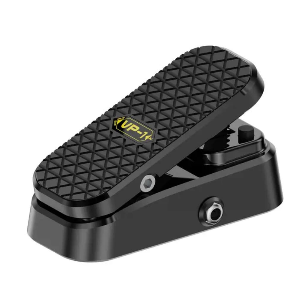 Pedal de volume wah para guitarra, modelo nano, preto com padrão de triângulos e marca VP-1 amarela