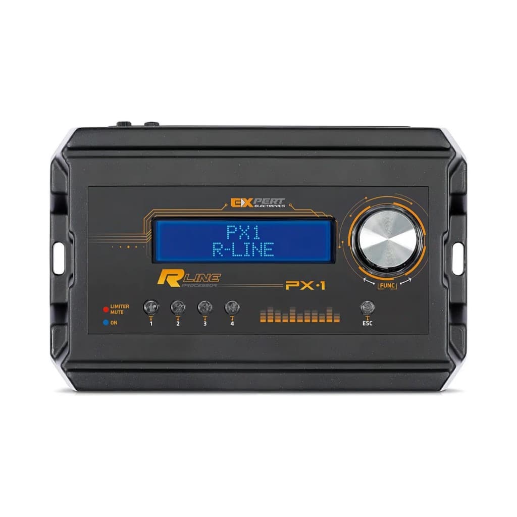 Processador de áudio digital R-Line PX1, preto com detalhes amarelos e cinza, fundo branco