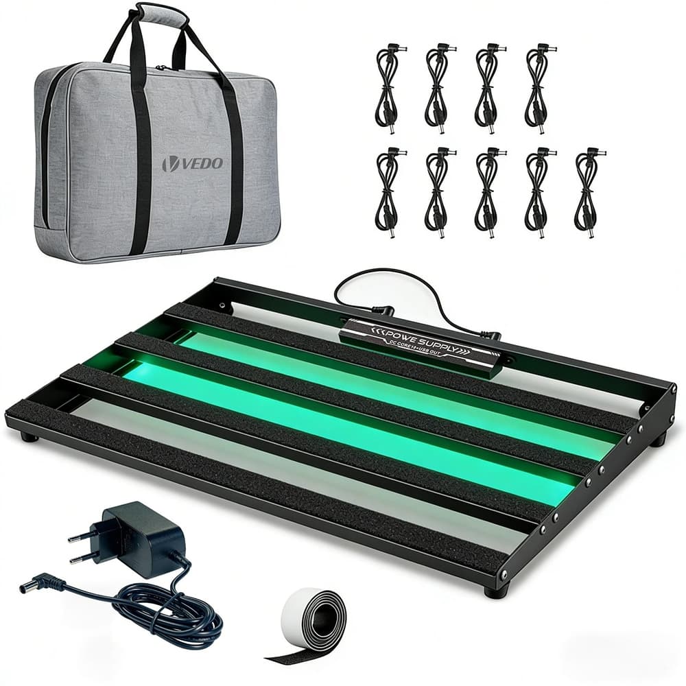 Pedalboard para guitarra com fonte de alimentação integrada, liga de alumínio, cabos e bolsa VEDO