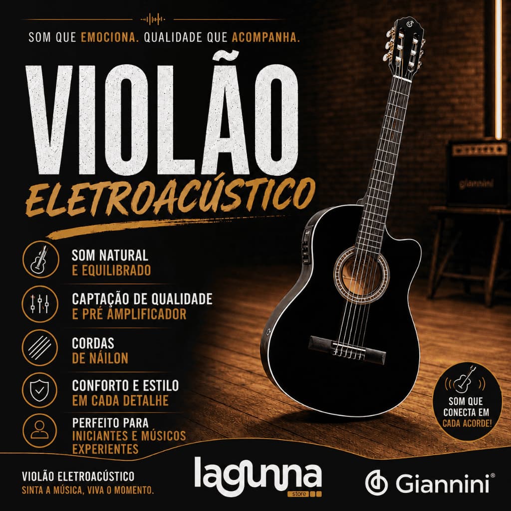 Violão eletroacústico Giannini Start Flat NF-14 CEQ BK com anúncio de características.