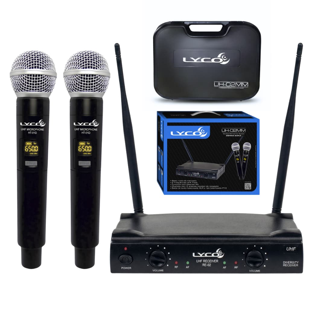 Microfones sem fio de mão pretos, receptor UHF e estojo de transporte Lyco