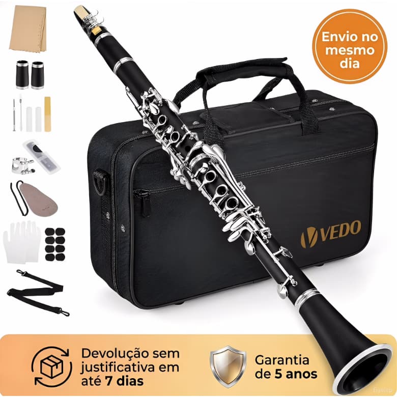 Clarinete em Si bemol para iniciantes, em madeira dura com acabamento niquelado