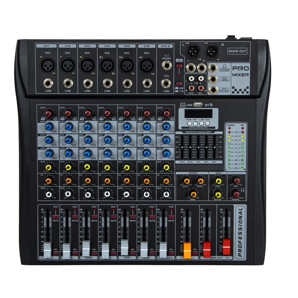 Mixer de Áudio Profissional 8 Entradas com Bluetooth USB Equalizador e Gravação Digital Mesa de Som