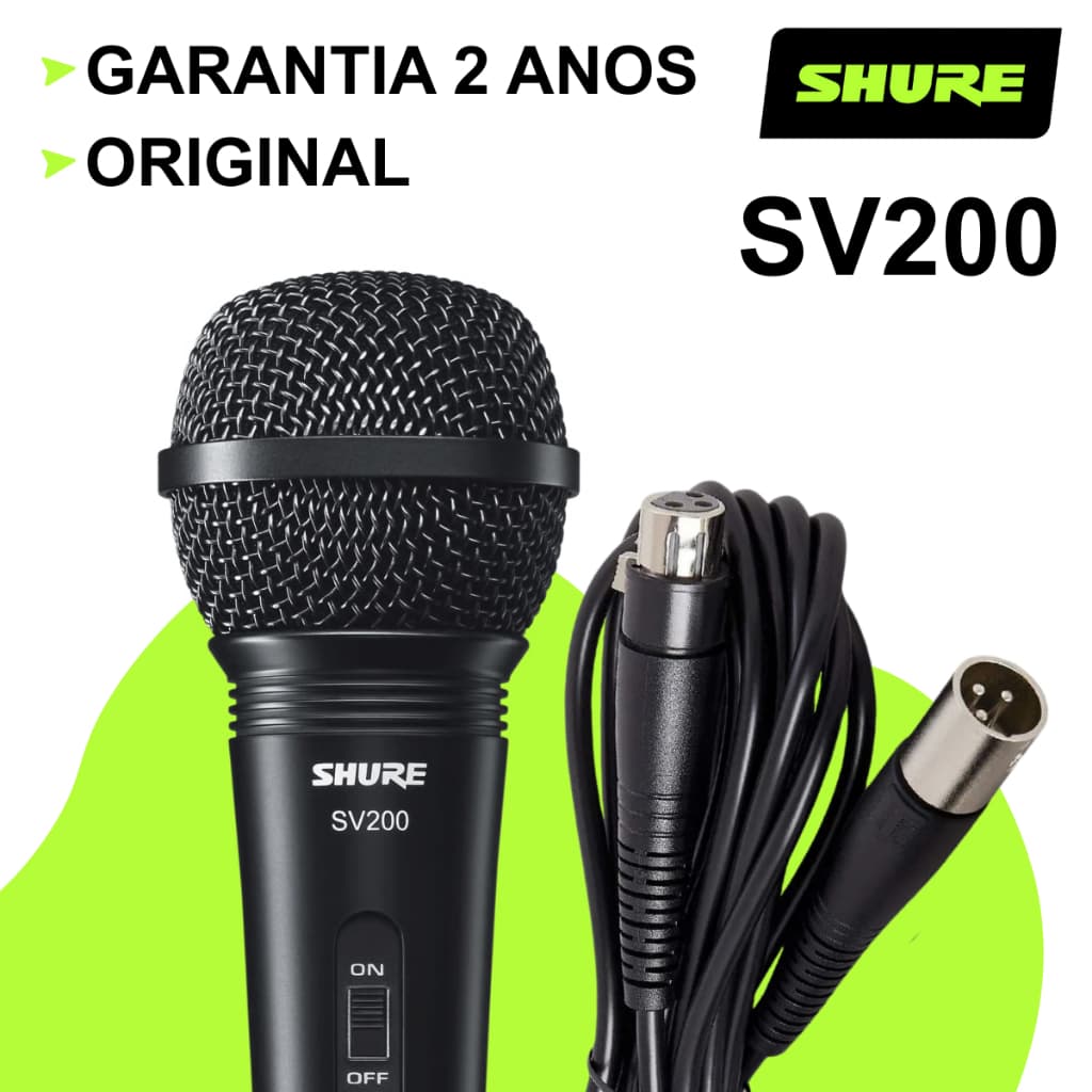 Microfone profissional Shure SV200 com fio dinâmico, preto com detalhes em prata