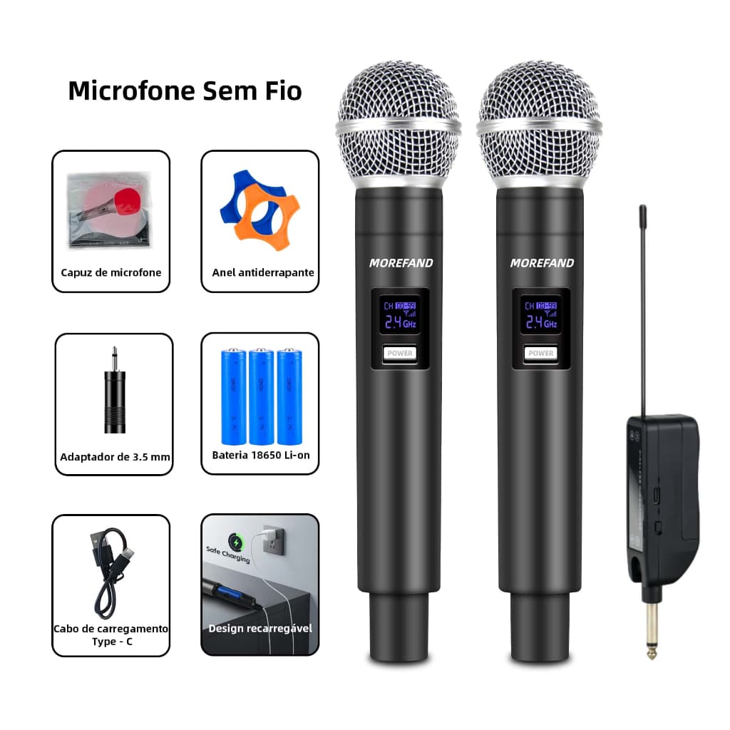 Microfone sem fio profissional UHF MOREFAND com acessórios