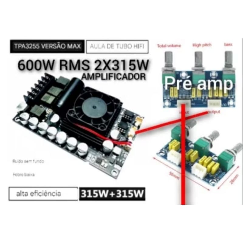 Amplificador eletrônico 600W RMS com pré-amplificador, componentes eletrônicos e ventilador de resfriamento