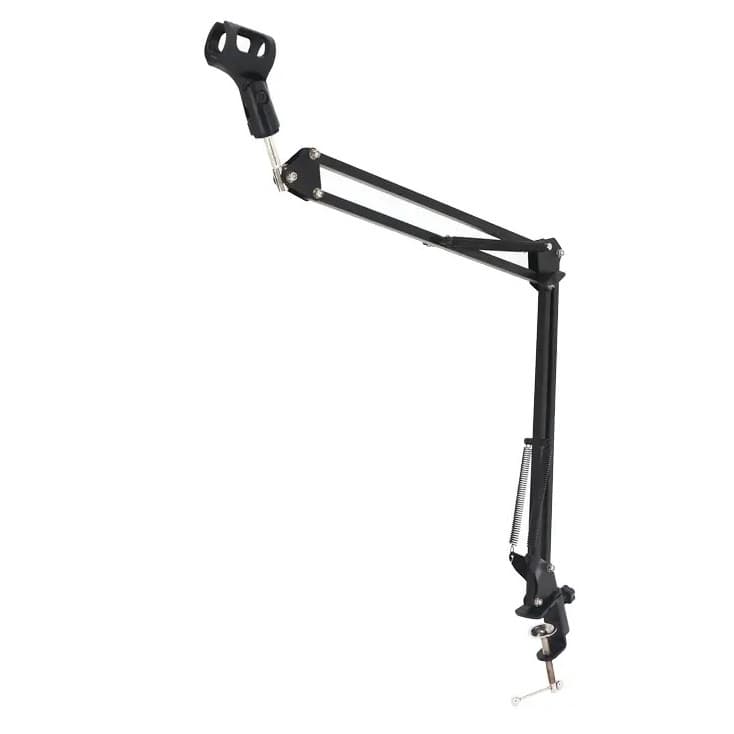 Suporte articulado para microfones em preto, visão lateral