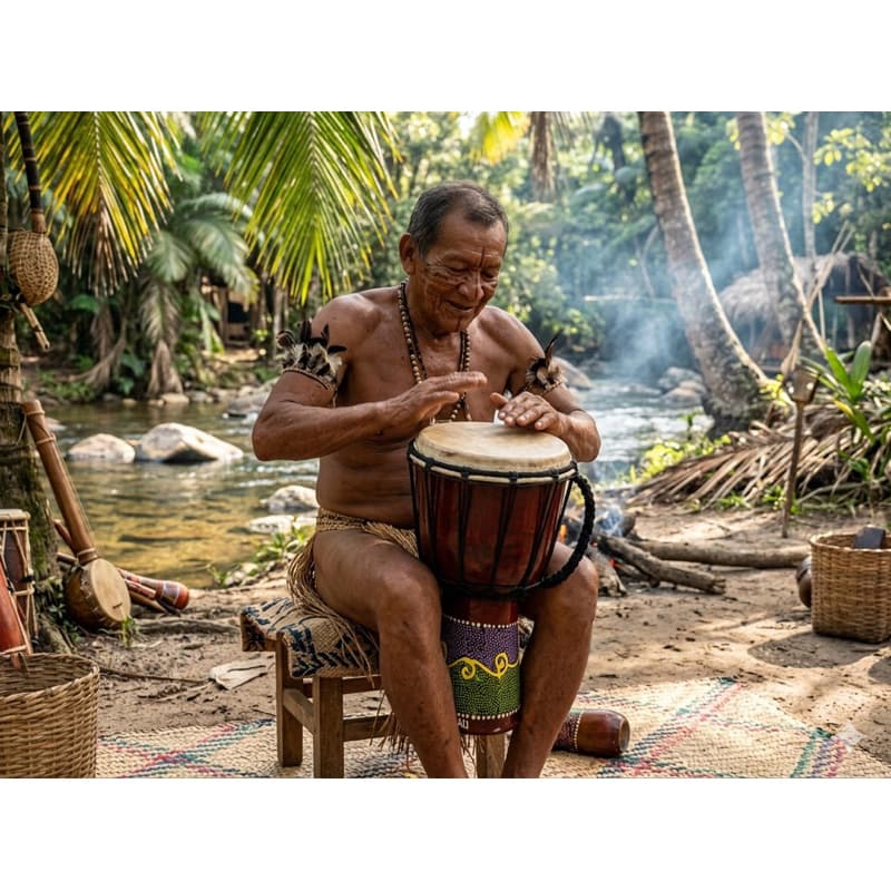 Homem tocando tambor Djembê artesanal de Bali com detalhes pintados à mão em cenário natural