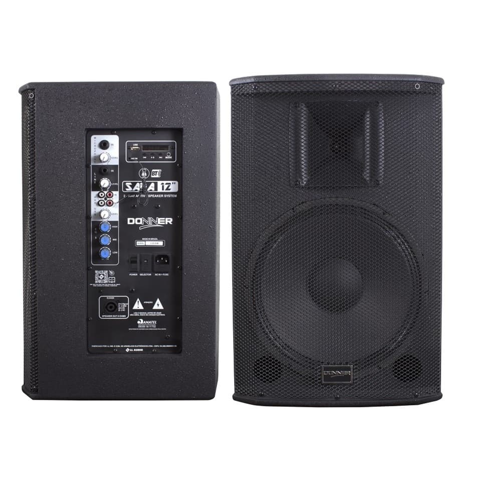 Caixa acústica ativa Donner, preta, 250w, com controles traseiros e woofer frontal.