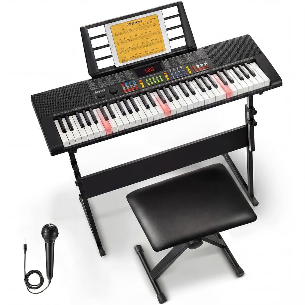 Piano digital VEDO de 61 teclas, kit de teclado de piano elétrico, 256 timbres, 256 ritmos, incluindo suporte para piano