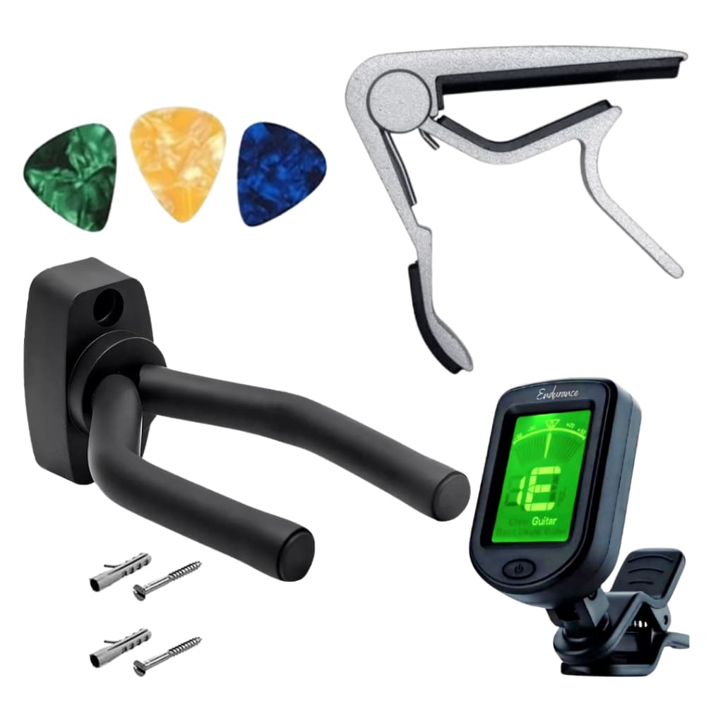 Kit Afinador Clip Web Music+ Capotraste NV Prata+ Suporte Parede+ 3 Palhetas