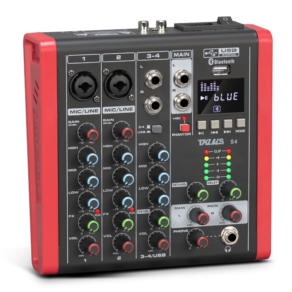Mesa de Som 4 Canais Bluetooth USB Áudio Phantom 48V Karaokê Mixer Digital Evento TKLBLS S4