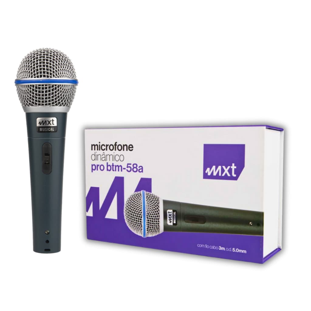 Microfone dinâmico profissional MXT preto com caixa, fundo branco