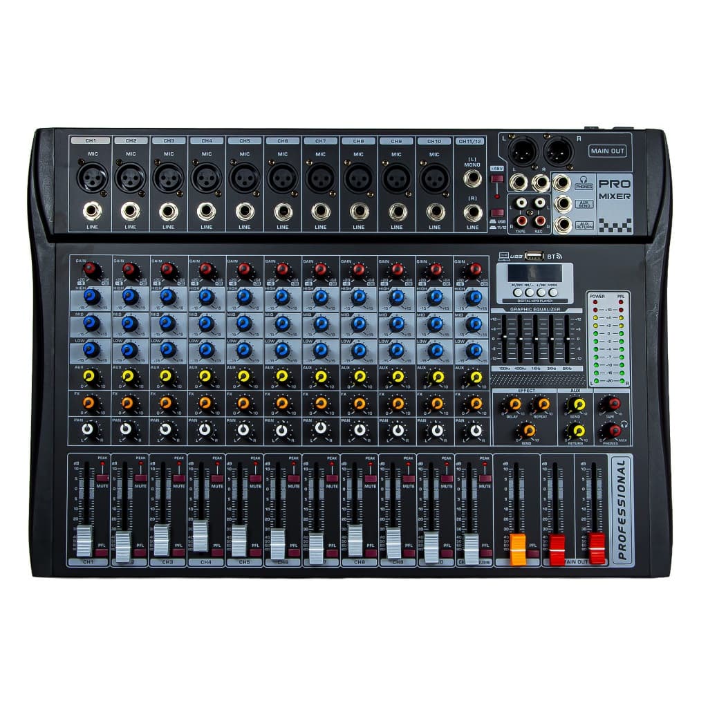 Mesa de Áudio Profissional 12 Entradas com Bluetooth USB Equalizador e Gravação Digital Bivolt Mixer