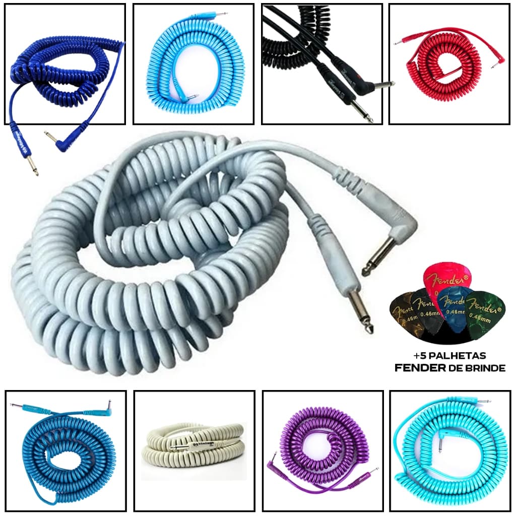Cabo de guitarra espiralado multicor com conectores P10L e P10, acompanhado de 5 palhetas Fender de brinde
