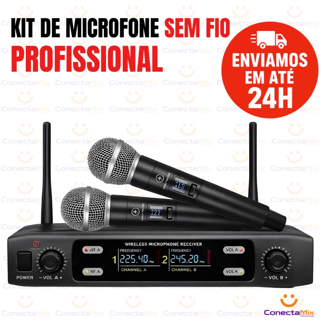 Kit de microfone sem fio profissional com receptor UHF, dois microfones dinâmicos e receptor com display digital.