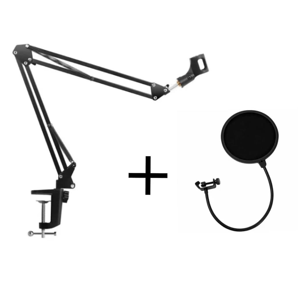 Suporte Pedestal Braço De Mesa Articulado Para Microfone + Pop Filter em preto