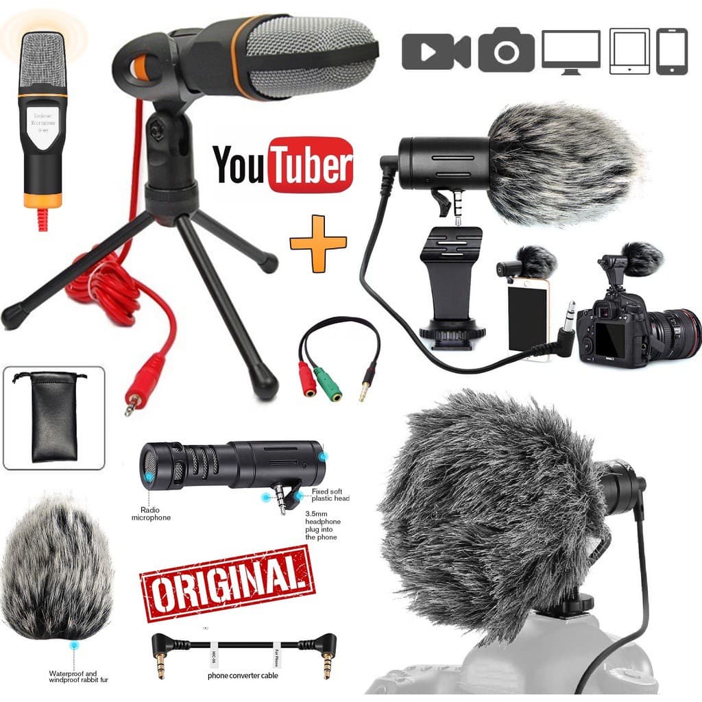 Microfone Direcional Profissional Shotgun Celular Câmera Pc Espuma Corta Vento + Microfone Condensador de Mesa Youtuber