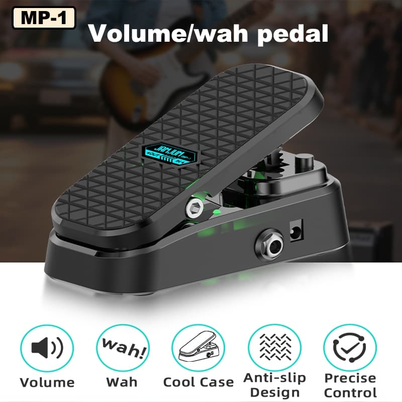 Pedal de efeito de guitarra MP-1 Wah & Active Volume preto com superfície antiderrapante e controles de volume e Wah.