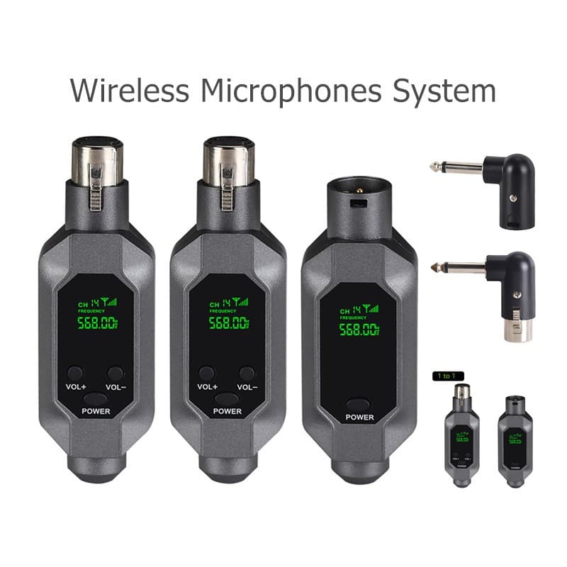 Sistema de microfones sem fio U1 2.4G com receptores e microfones em cinza e prata