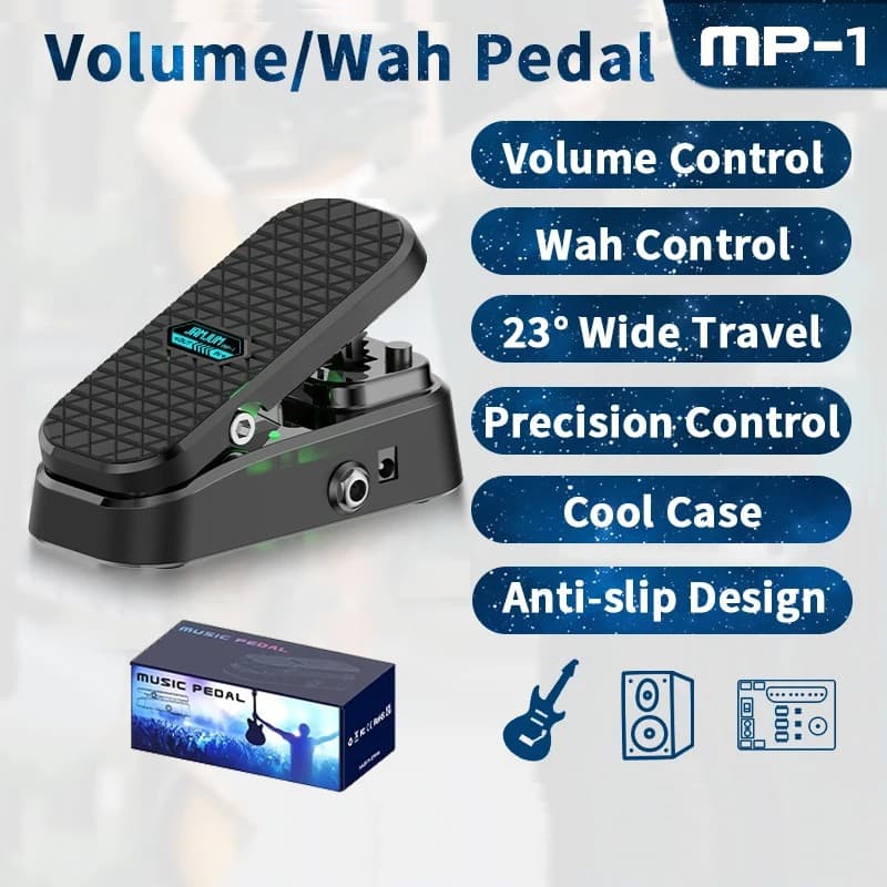 Pedal de volume e wah para guitarra com controles de volume e wah, design antiderrapante, indicador LED e caixa de apresentação.