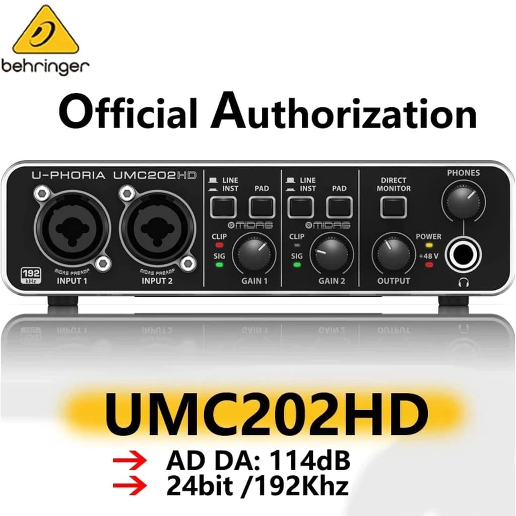 Placa de som Behringer UMC202HD com interface de áudio USB, dois conectores de entrada, botões de ganho e rótulos.
