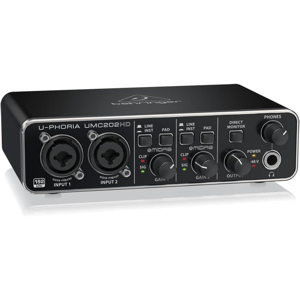 Interface de áudio USB Behringer U-Phoria UMC202HD, 2x2, preto, com controles de ganho, entrada de linha e saída de fones de ouvido.