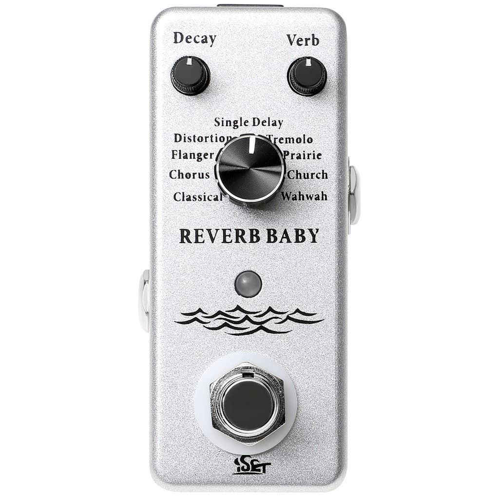 Pedal de guitarra digital ISET com efeito de reverberação, vista frontal, efeito de ondas, ajustes de reverberação.