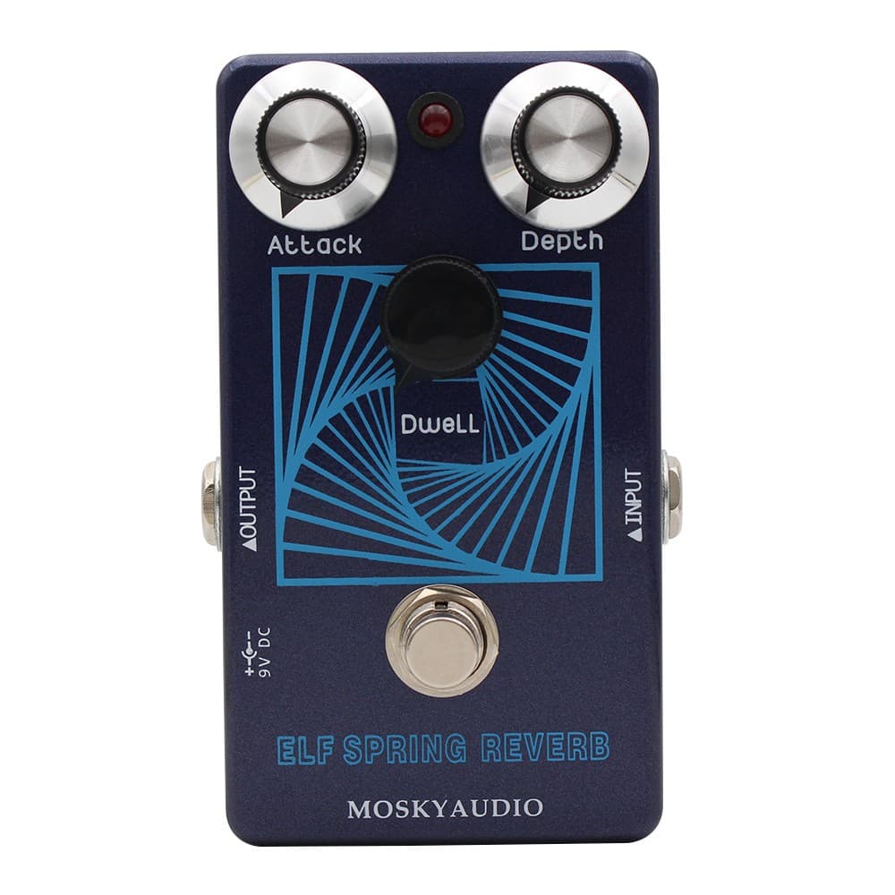 Pedal de efeito de guitarra MOSKYAUDIO ELF Spring Reverb, azul com botões de controle Attack e Depth