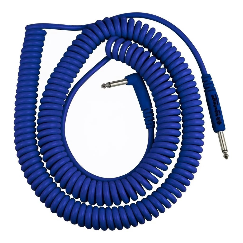 Cabo espiral azul 9m para violão, guitarra e baixo com conectores P10 x P10 em forma de L