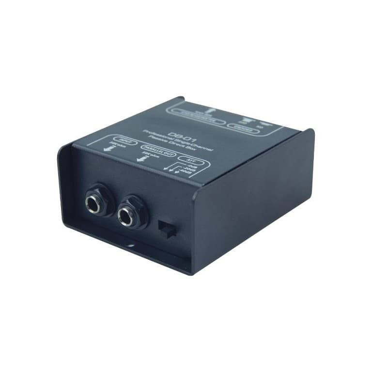 Direct Box Passivo Soundvoice DS-01, caixa preta com conectores de entrada e saída, acabamento fosco, etiqueta branca, fundo branco.