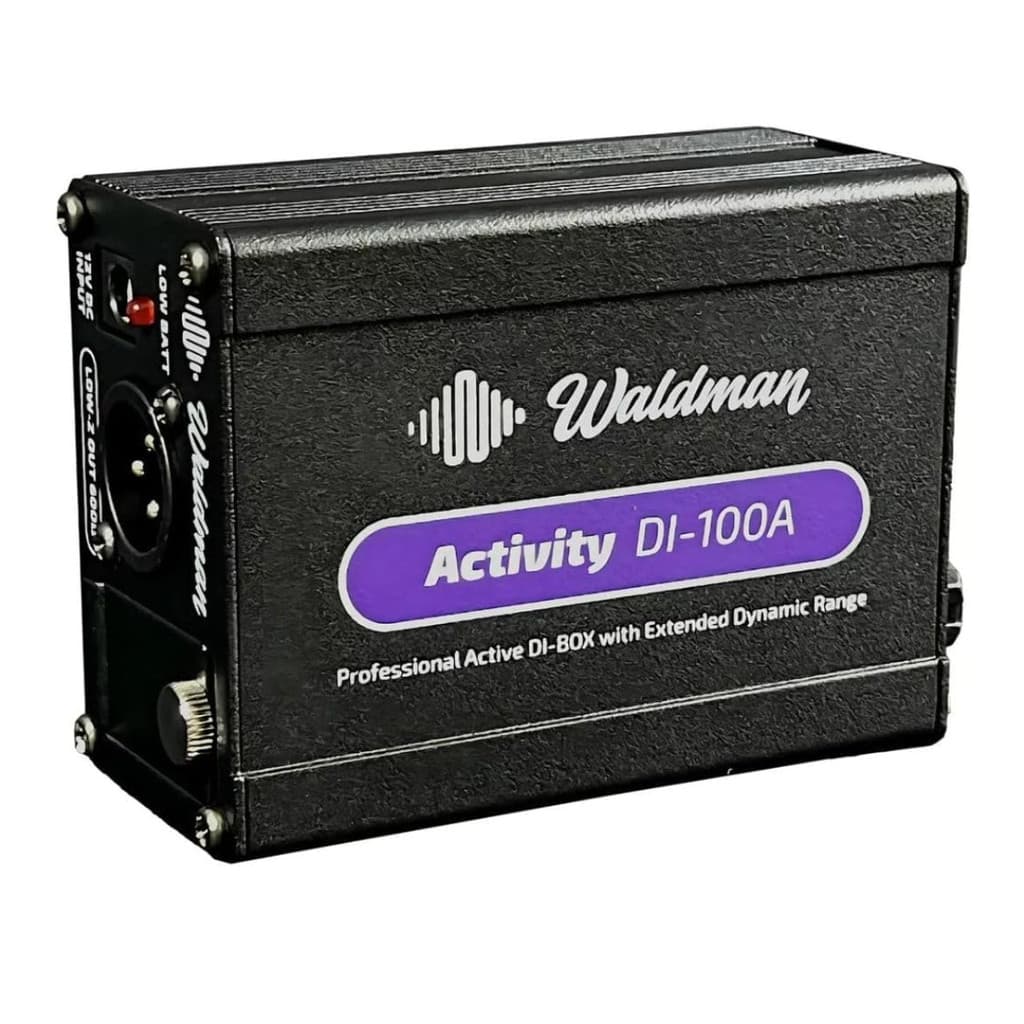 Direct Box Ativo Waldman DI-100A com caixa preta e cinza, logotipo e texto na frente