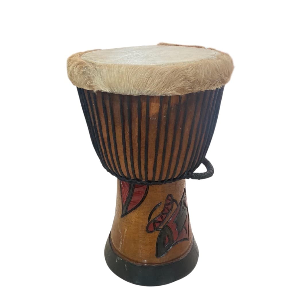 Tambor djembê grande 14 x 63 cm com pele de couro e decoração marrom e preto