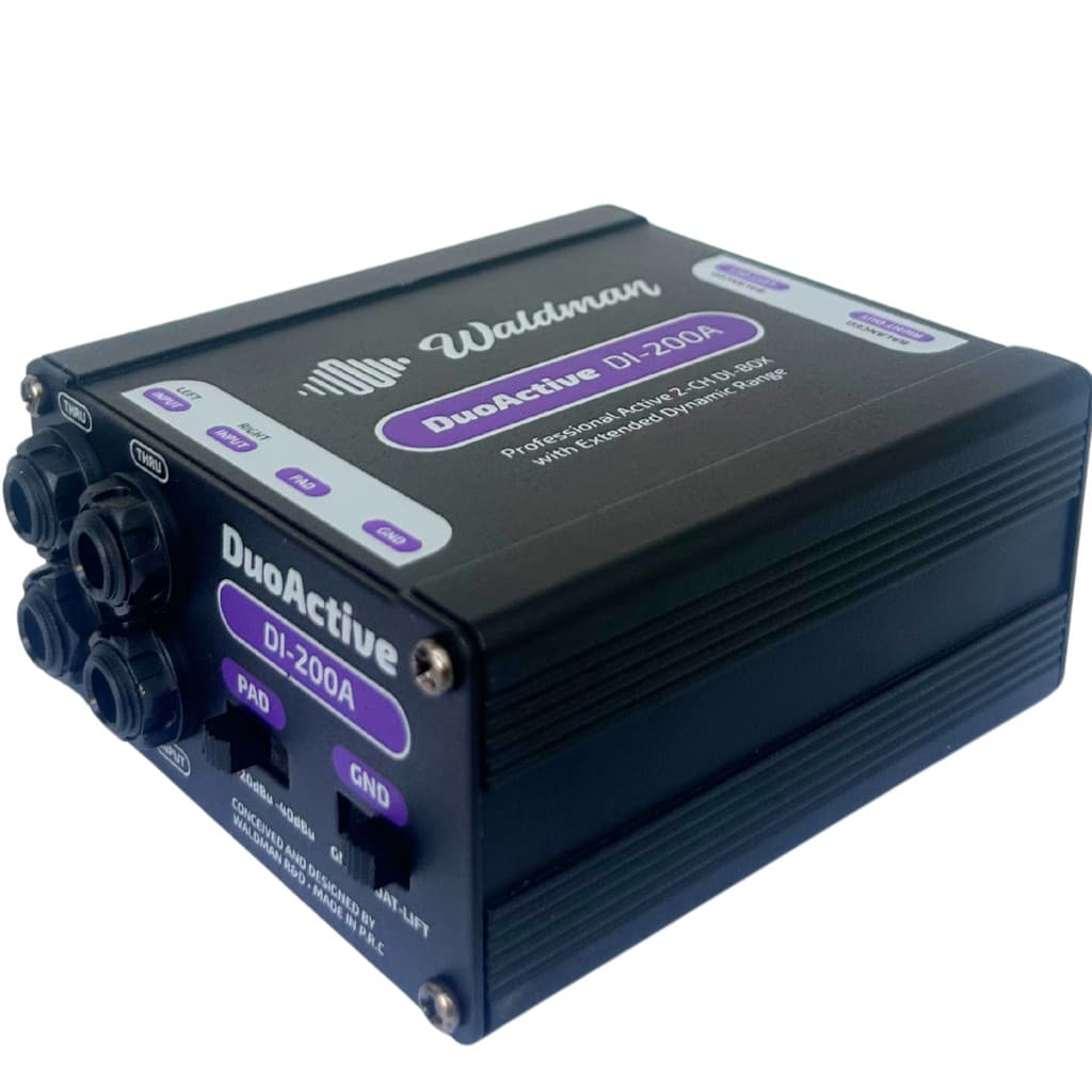Direct Box Ativo Waldman DI-200A com 2 Canais, caixa preta com rótulos DuoActive, entrada e saída XLR, botão de controle, fundo branco.