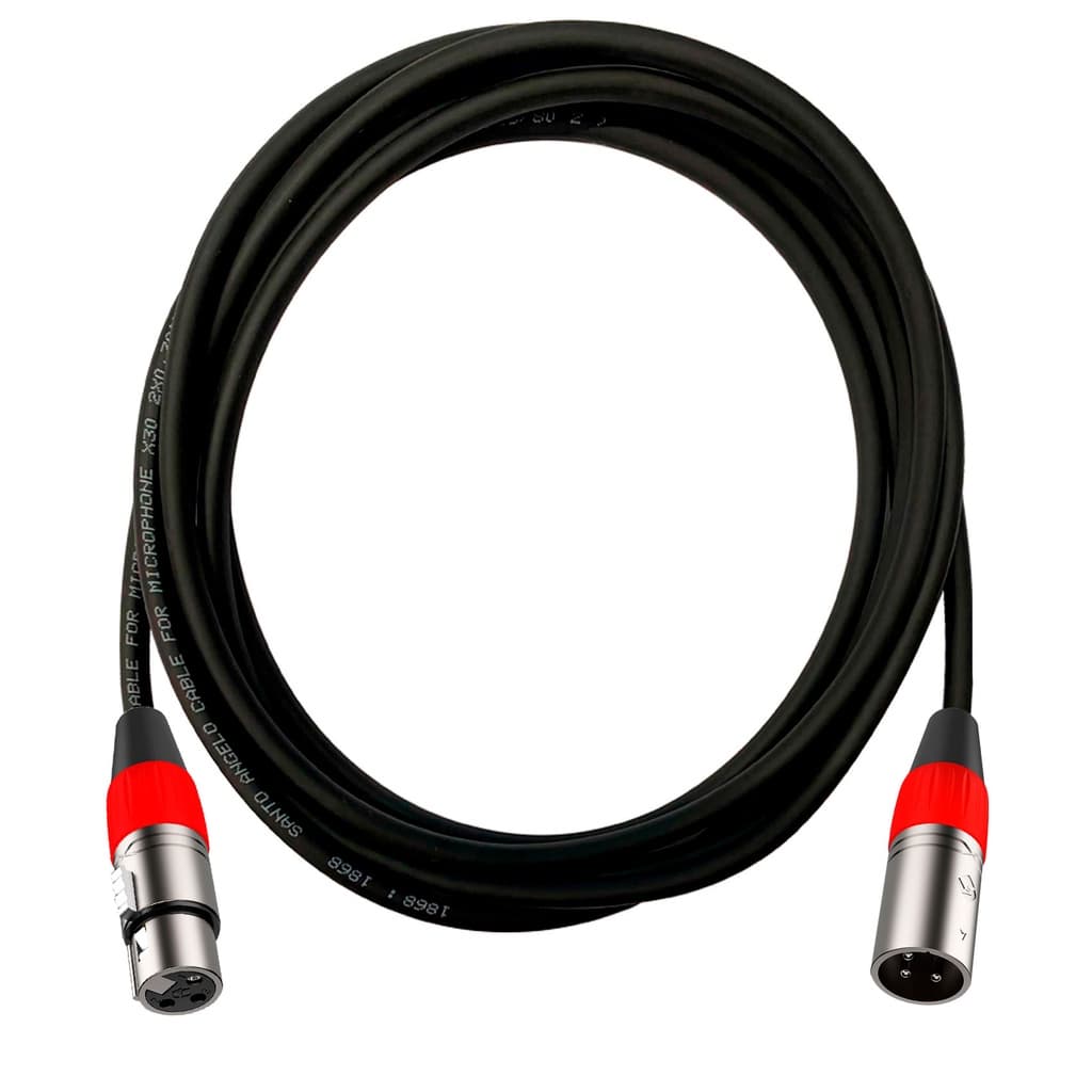 Cabo de microfone condensador XLR Canon preto com conectores vermelhos e prata