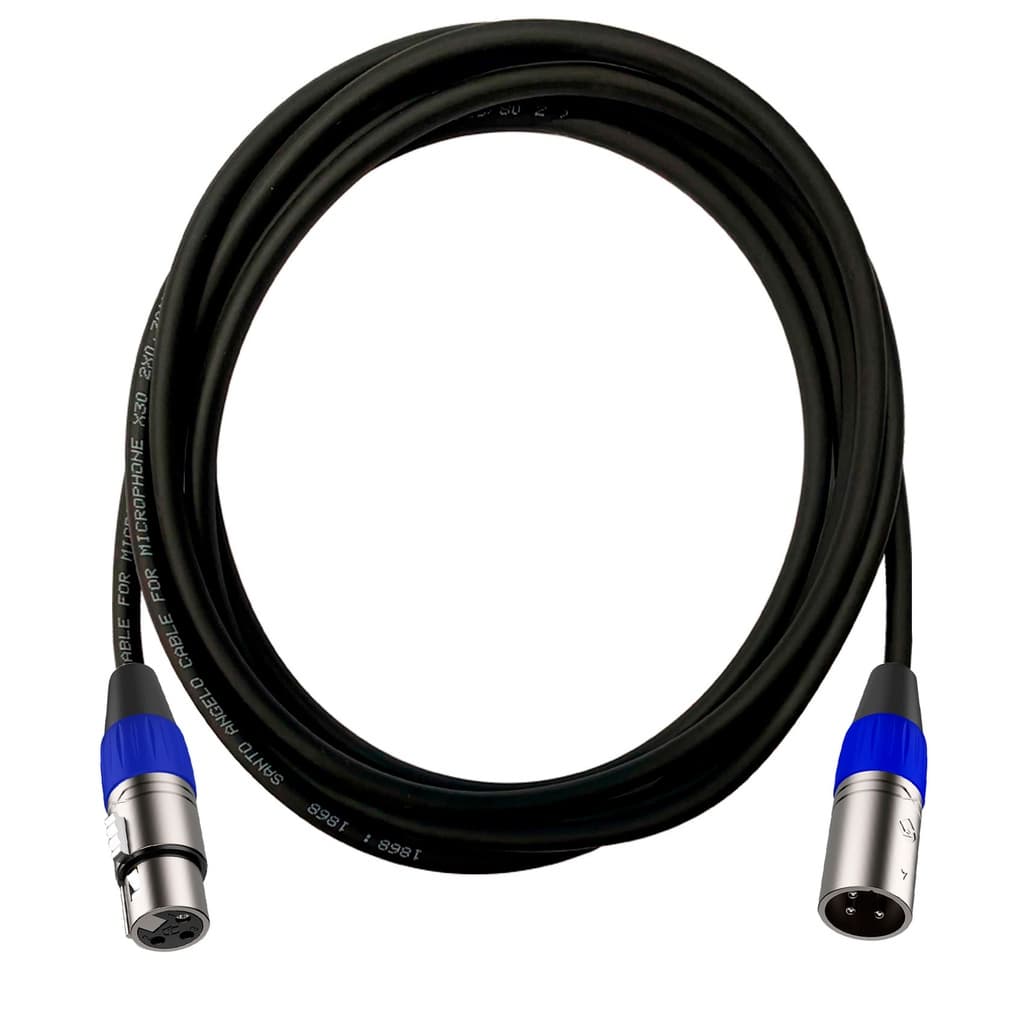 Cabo XLR preto de 5 metros para microfones de palco e igreja, com conectores de áudio azul e prata.