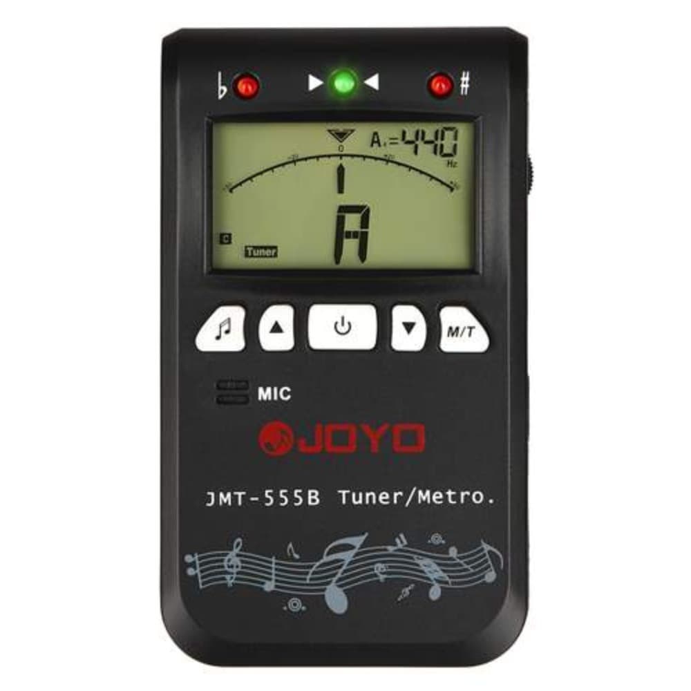 Afinador Cromático e Metrônomo Joyo JMT-555B com tela verde e símbolos musicais