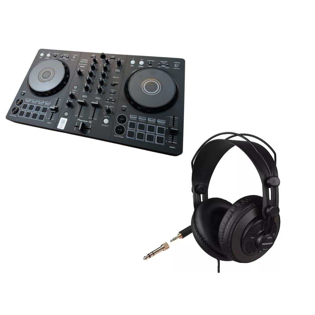 Kit DJ Pioneer DDJFLX4 e fone Samson SR850 em fundo branco