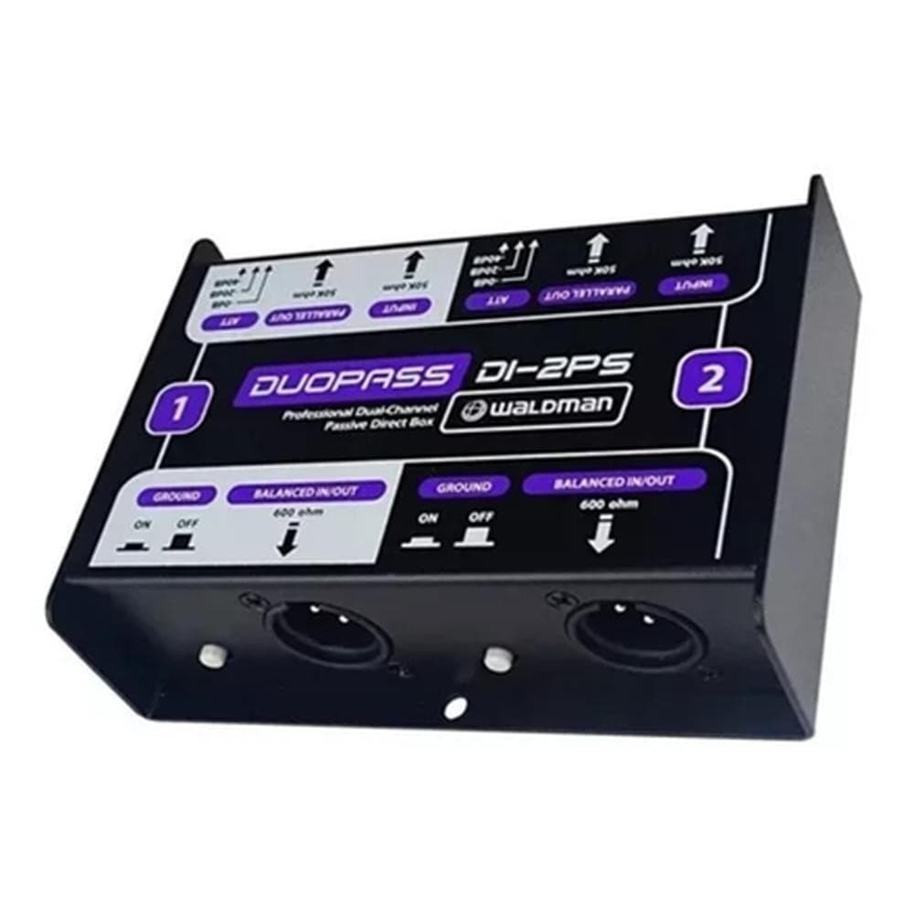 Caixa direta profissional DuoPass Waldman DI-2PS, preta com etiquetas brancas e roxas, fundo branco.