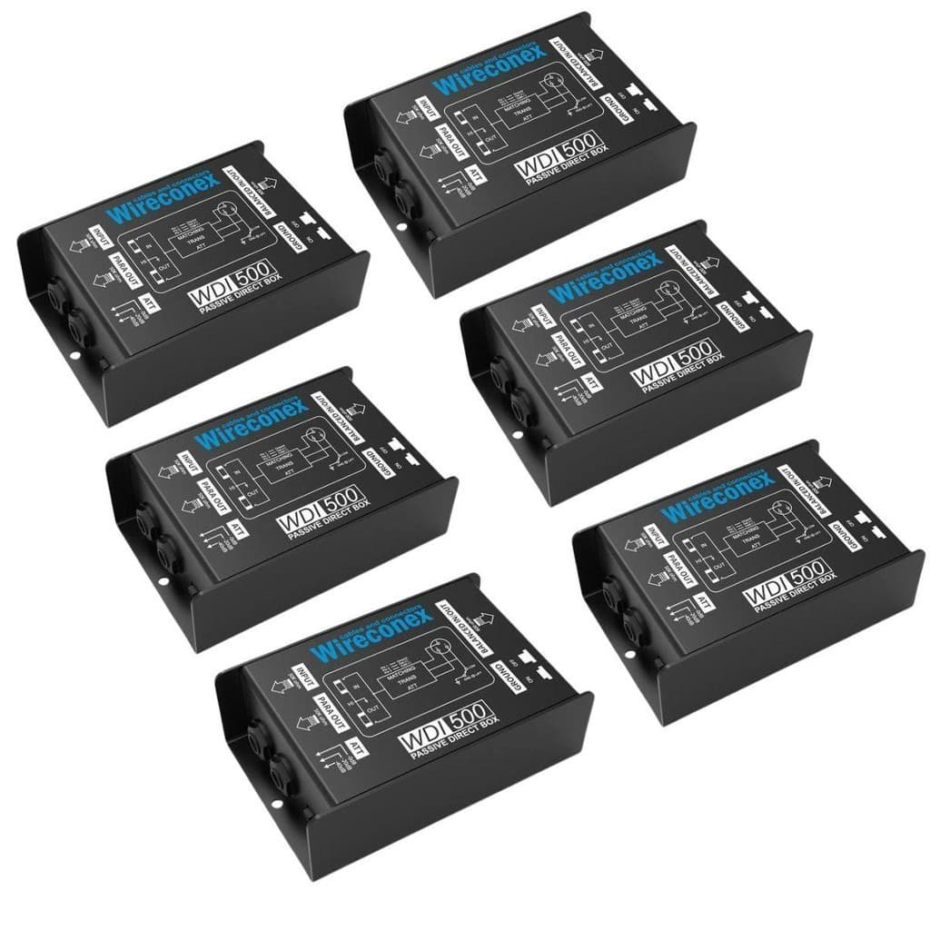 Kit 6 Direct Box Profissional Wireconex WDI 500 Passivo, fundo branco, caixas pretas com detalhes em azul.