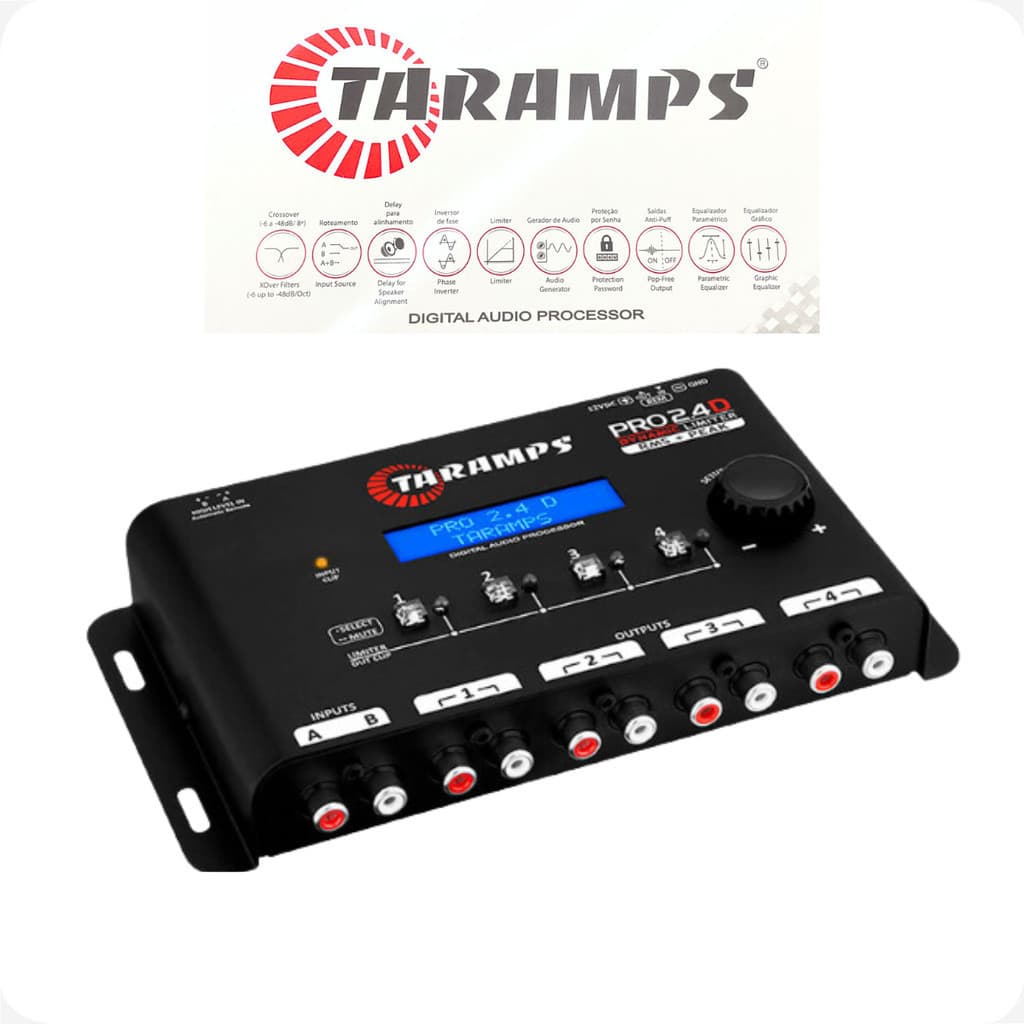 Processador de áudio digital Taramps PRO 2.4D com visor LCD e controles rotulados