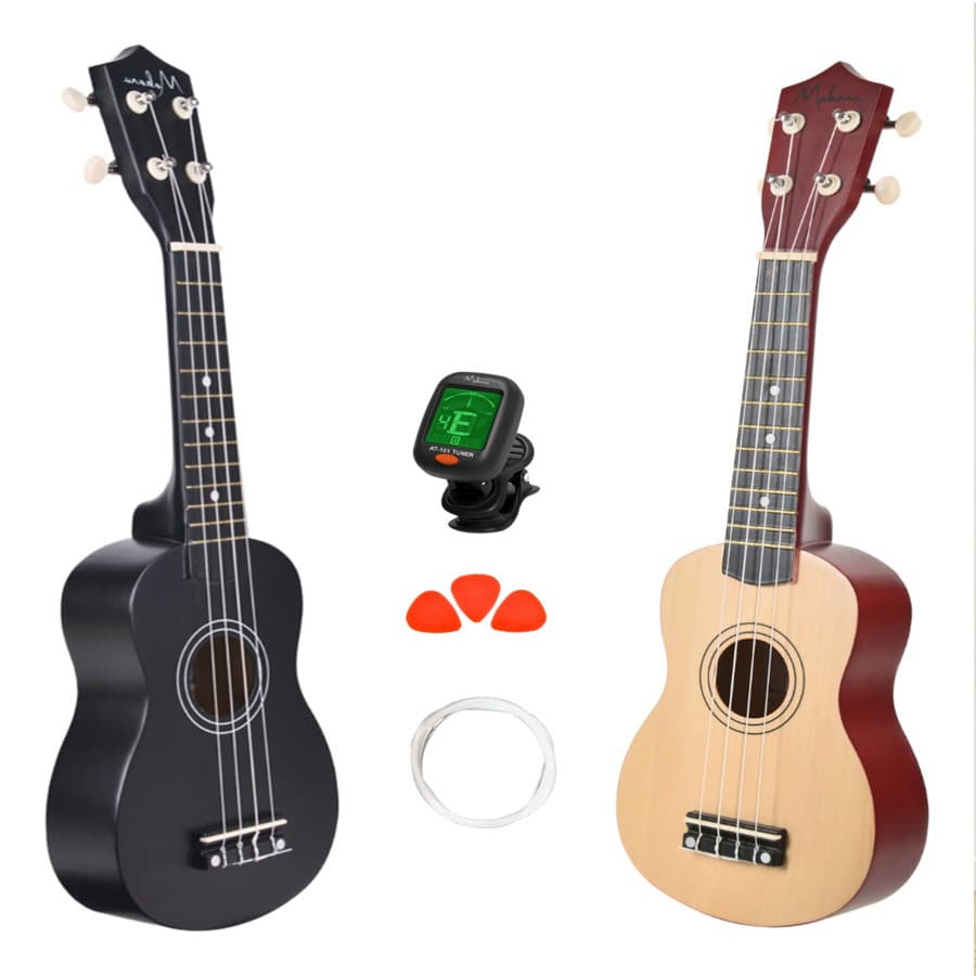 Ukulele acústico soprano com afinador e palhetas, preto e marrom