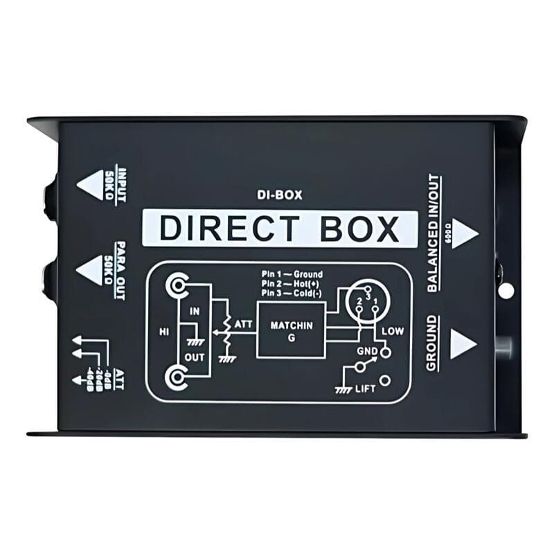Direct box Custom Sound passivo mono CSDI 01, caixa preta com diagrama de conexões e botões de ajuste