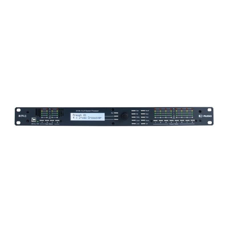 Processador de áudio digital K Audio KSP4.8, fundo branco, controles e sliders visíveis, etiqueta K-AUDIO