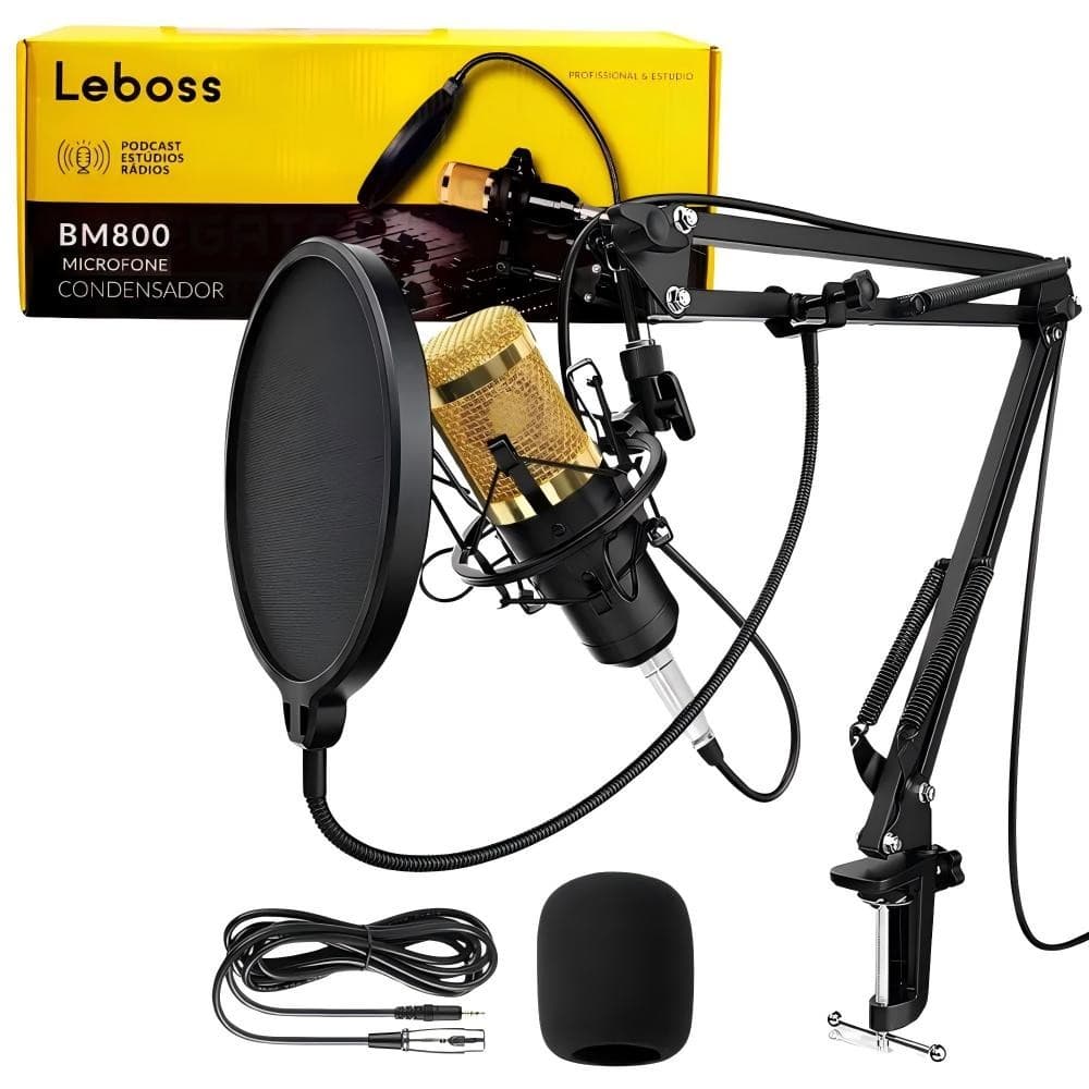 Kit Microfone Condensador Pro BM800 com Pedestal, Pop Filter e Espuma Leboss