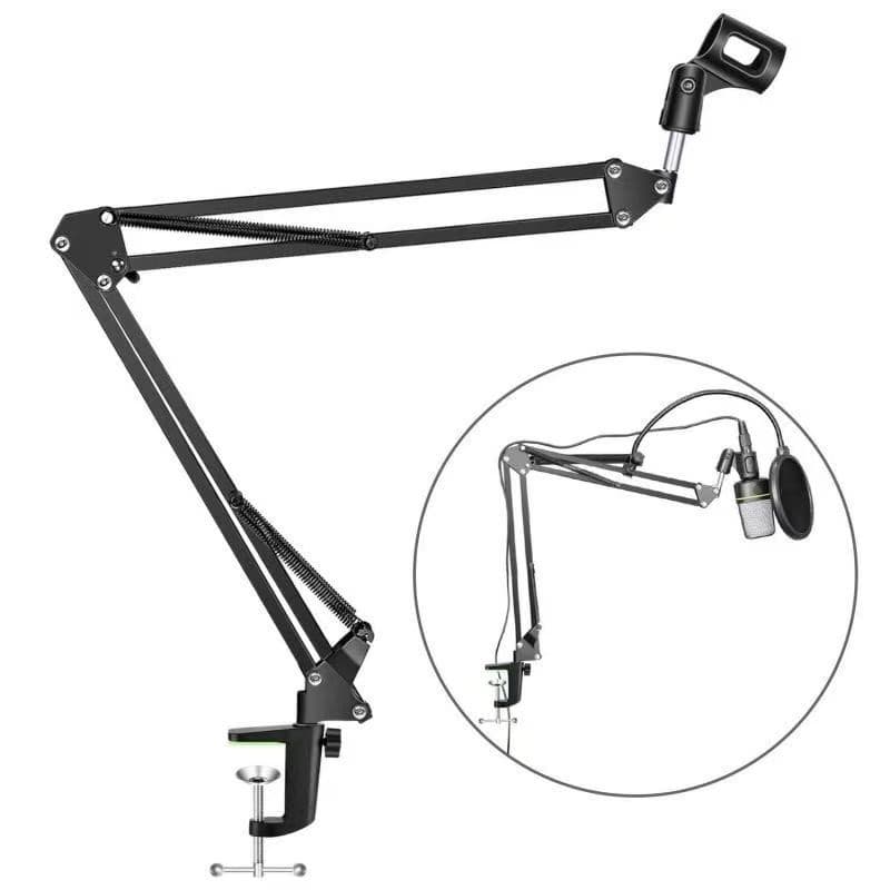 Suporte pedestal articulado para microfones condensadores, vista lateral com microfone em uso